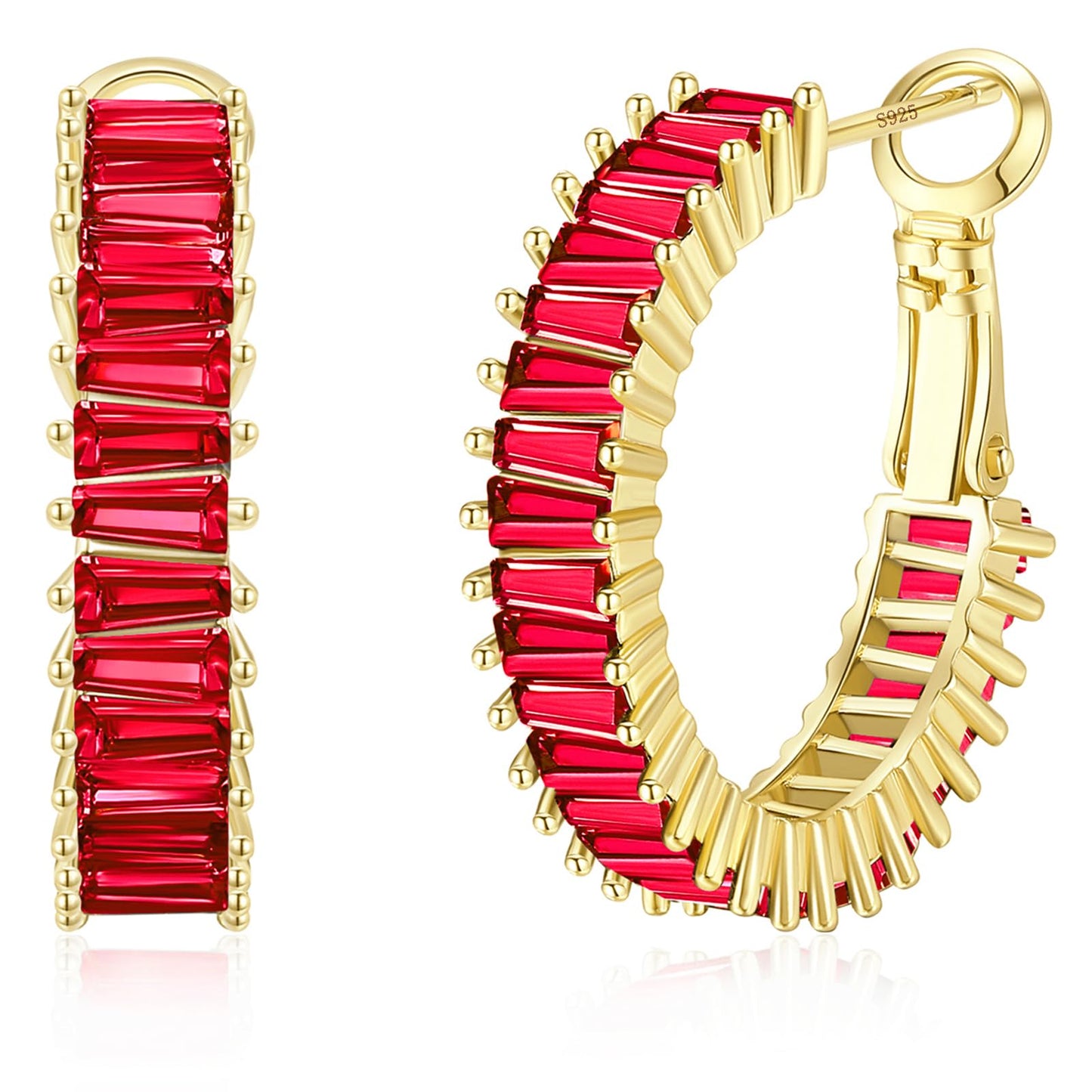 GLOQUAT Ruby Red Crystal Hoop Earrings 14K Gold Plated Red Earrings for Women 925 Sterling Silver Post Vintage Baguette Cubic Zirconia Round Circle Hoops for Women Trendy Rhinestone Jewelry 25mm