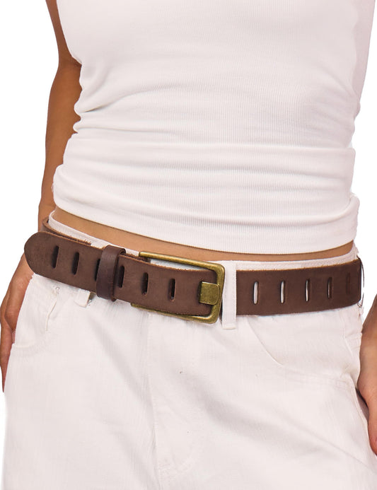 LyzerMia Womens Genuine Leather Belt for Jeans Pants Width 1.57" Western Cowgirl Wide Belts for Ladies with Gift Box, Brown, Fit for Low Waist 36"-40"