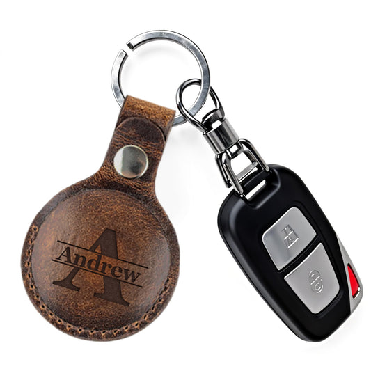 Personalized AirTag Holder Keychain – Custom Engraved Leather Case with Name or Initials – Secure Tracker Key Ring for Keys, Backpack, Luggage, and Travel Accessories