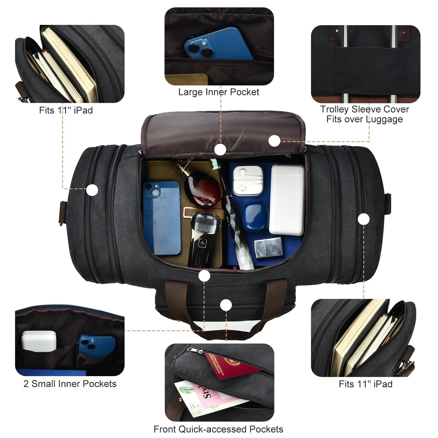 Litvyak Duffle Bag for Travel, 50L Canvas Travel Duffel Bags Overnight Weekend Gym Carry On Luggage Bag for Men & Women(Black+Toiletry Bag)