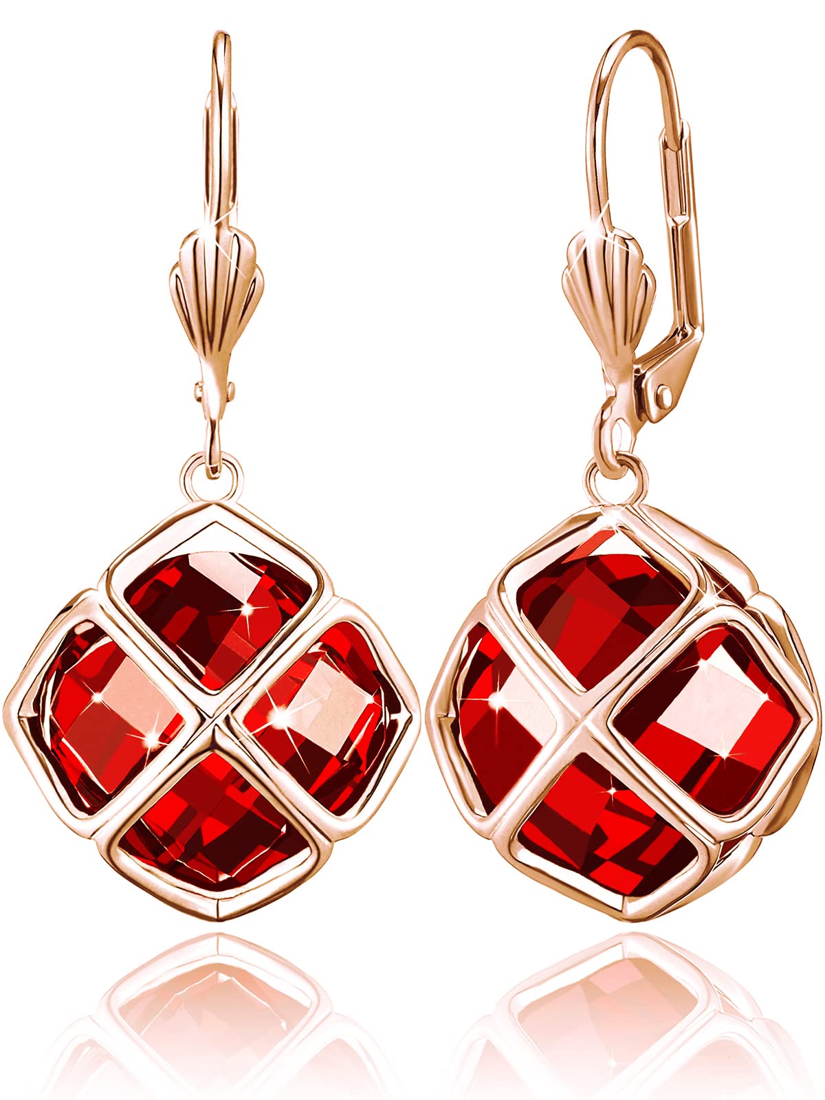 Big Dark Red Crystal Dangle Earrings for Women (Jan-Garnet-Rose Gold)