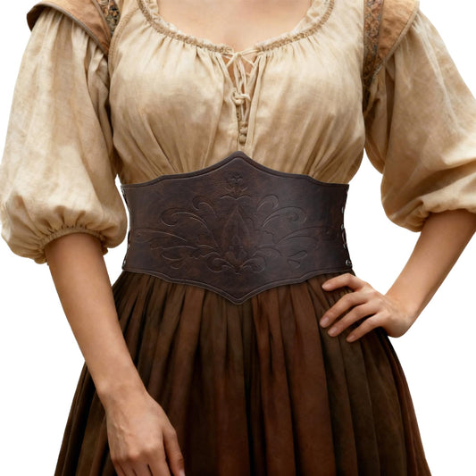 HiiFeuer Medieval Women Faux Leather Corset Belt, Renaissance Underbust Corset Adjustable Wide Waist Cincher for Ren Faire (Dark Brown B)