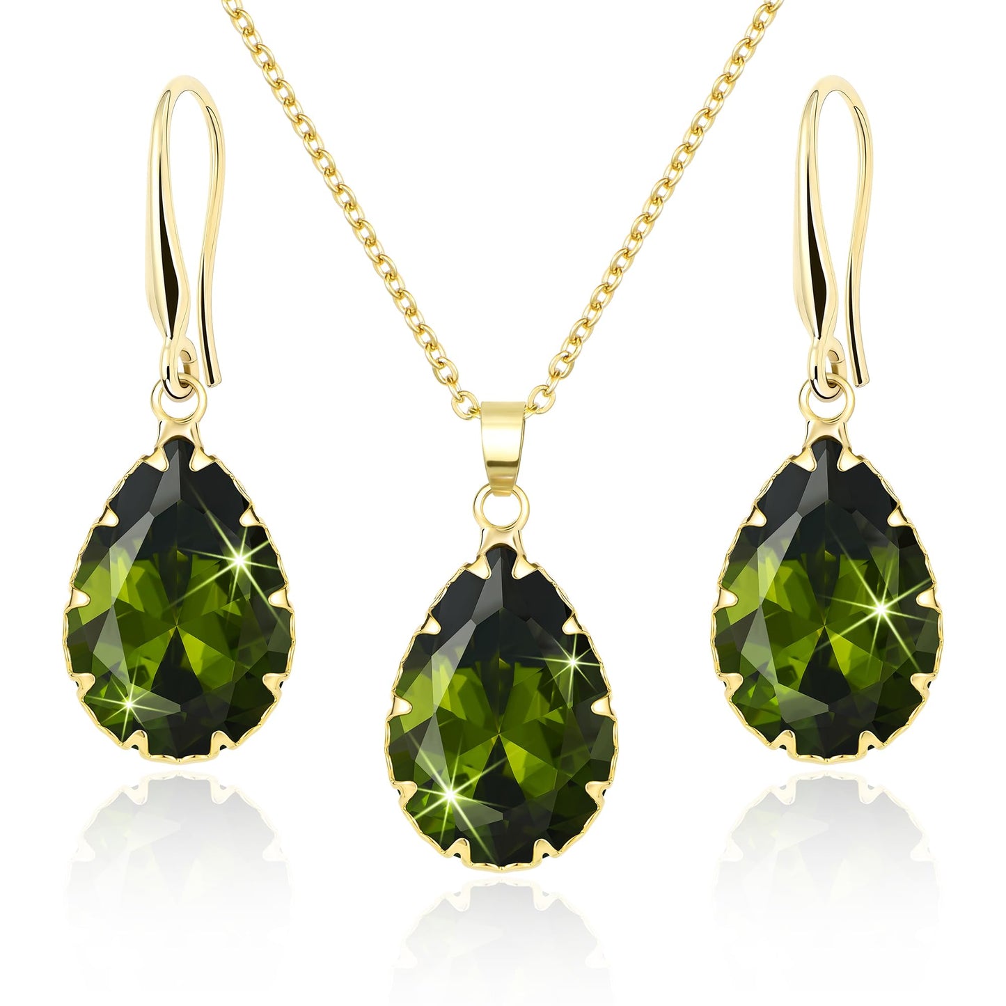 Linawe Peridot Green Gold Jewelry Sets for Women, Birthstone Pendant Necklace and Dangle Earrings Set, Imitation Diamond Crystal Cubic Zirconia Tear Drop Wedding Costume Jewelry Set