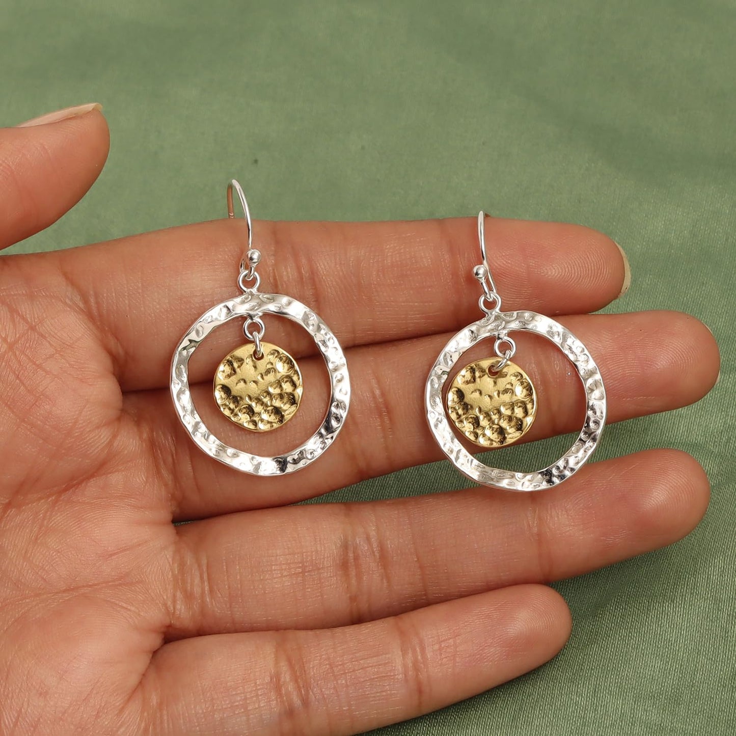 LeCalla 925 Sterling Silver Jewelry Classic Hammered Double Dangling Earrings Italian Hammered Design Two-Tone Disc Drop Earrings for Women 35 MM