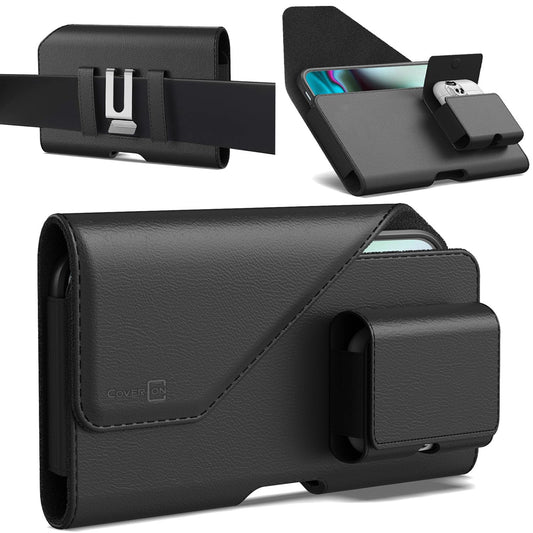 CoverON Holster with AirPods Holder for Apple iPhone 17e 17 Pro/ 16 16e 16 Pro /15 14 13 12 11 Pro/X Xr Xs Phone Case Belt Clip Earbuds Leather Pouch (Fits Otterbox or Any Case on)