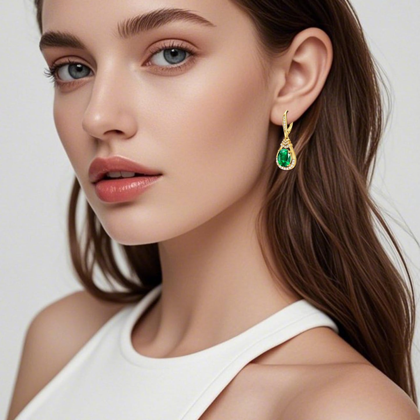 Green Emerald Dangle Earrings 18K G Plated Sterling Silver May Birthstone Teardrop Leverback Drop Earring for Women Lady | Wedding Jewelry Gifts for the Bride | Hypoallergenic Oval Cut CZ Earrings
