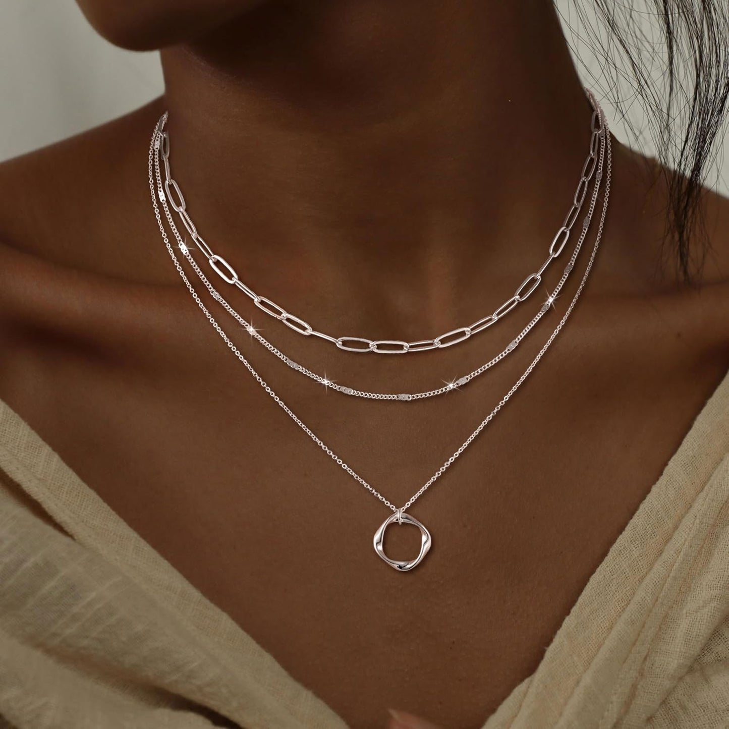 CHESKY Layered Silver Necklaces for Women Trendy, Silver Plated Dainty Stackable Charm Necklaces for Womens Layering Paperclip Chain Diamond Pendant Necklaces Jewelry Set for Women Gifts