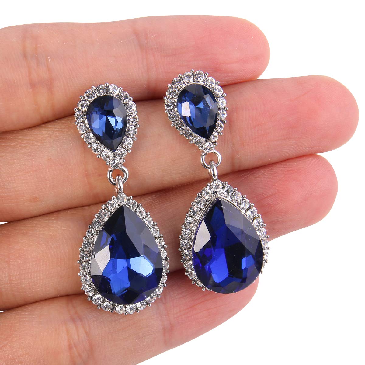 EVER FAITH Women's Austrian Crystal Wedding Tear Drop Dangle Earrings Navy Blue