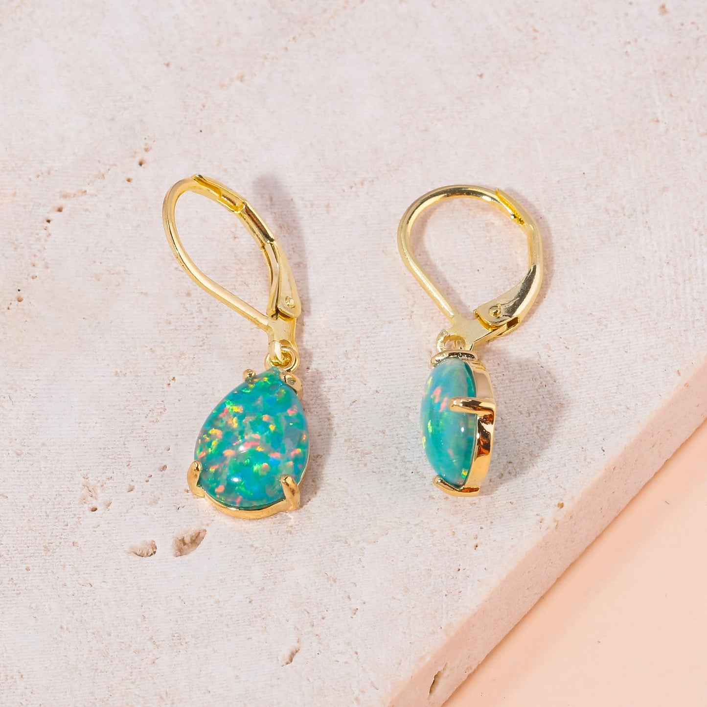 CiNily Teardrop Leverback Dangle Earrings for Women Hypoallergenic Dark Green Opal Pendant Drop Earrings 14K Yellow Gold Plated Hanging Lever Earrings Fashion Party Jewelry