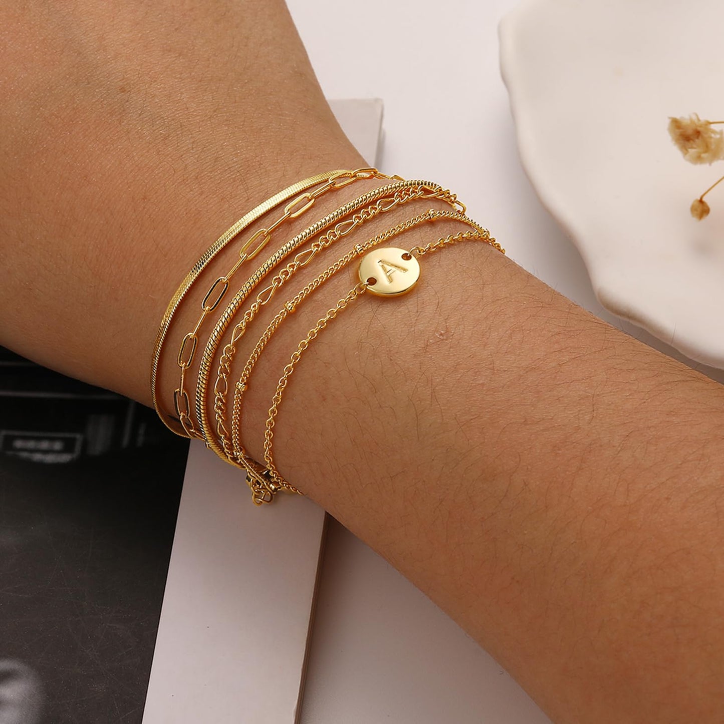Lydow Bracelets for Women, Stack Jewelry Set Initial T Chain Stackable Letter Teen Accessories Pulseras Para Mujer 6 Inch 6PCS