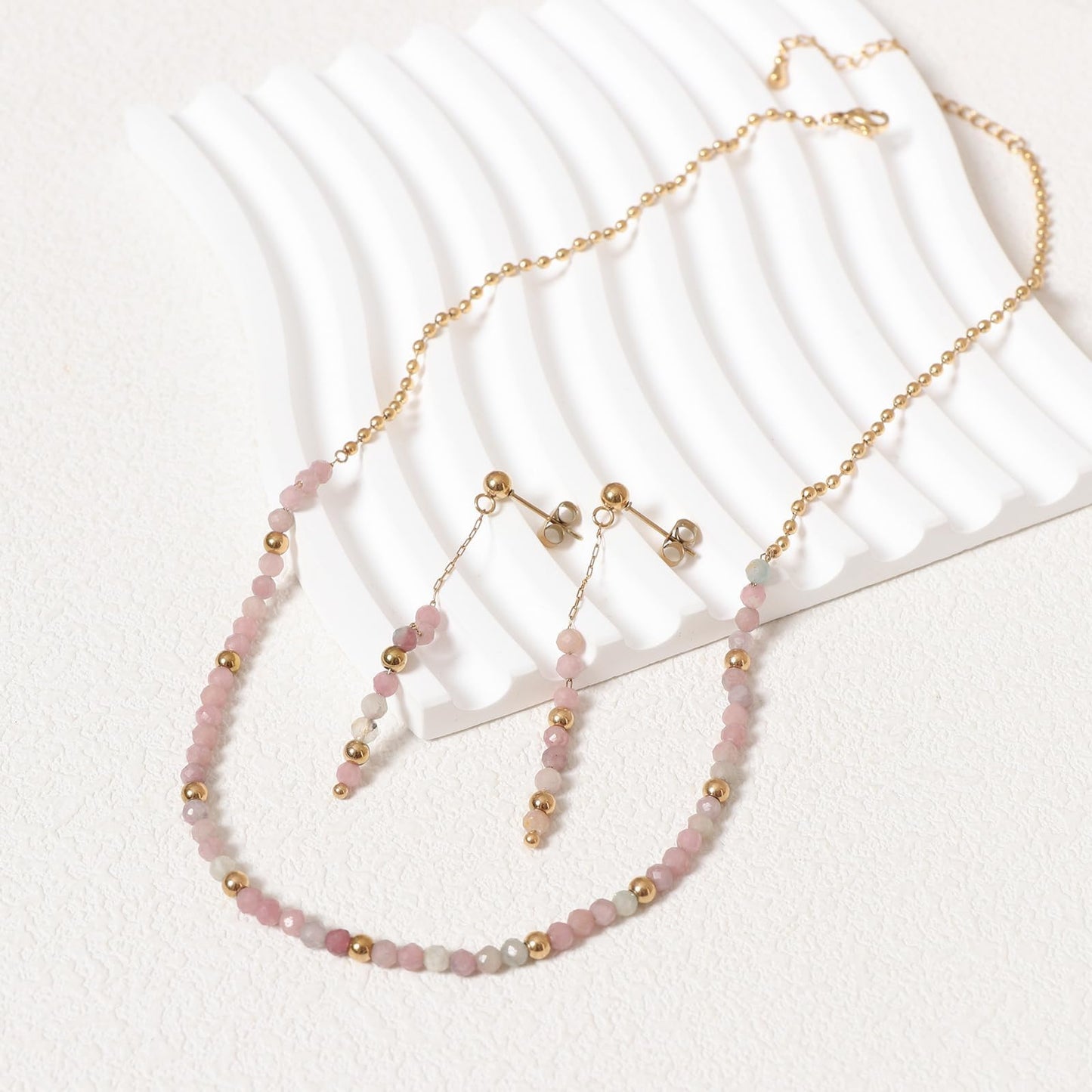 TaYolnFaSo Round Pink Tourmaline Beads Jewelry Set for Women 18K Gold Plated Pink Tourmaline Necklace and Earrings Set Gift for Female