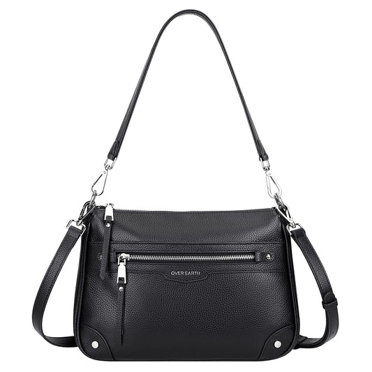 Over Earth Soft Genuine Leather Crossbody Bags for Women Medium Shoulder Purses Hobo Handbags with Multi Pockets(O190E Black)