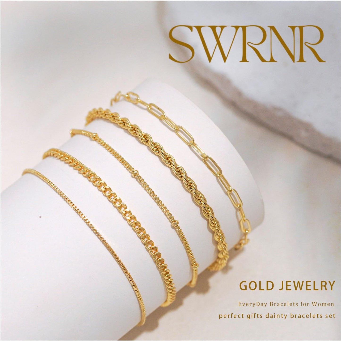 Gold Bracelets for Women, Dainty 14K Gold Plated Bracelet Stack for Women Trendy CZ Tennis Paperclip Cuban Chain Stackable Adjustable Waterproof Link Bracelet Jewelry Set Fashion Accessories Gifts