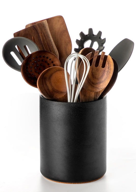 Nucookery Utensil Holder, 6.4" Ceramic Kitchen Utensil Holder with Countertop-Protection Cork Bottom, Farmhouse Kitchen Decor for Counter, Christmas Gift (Stone Black)