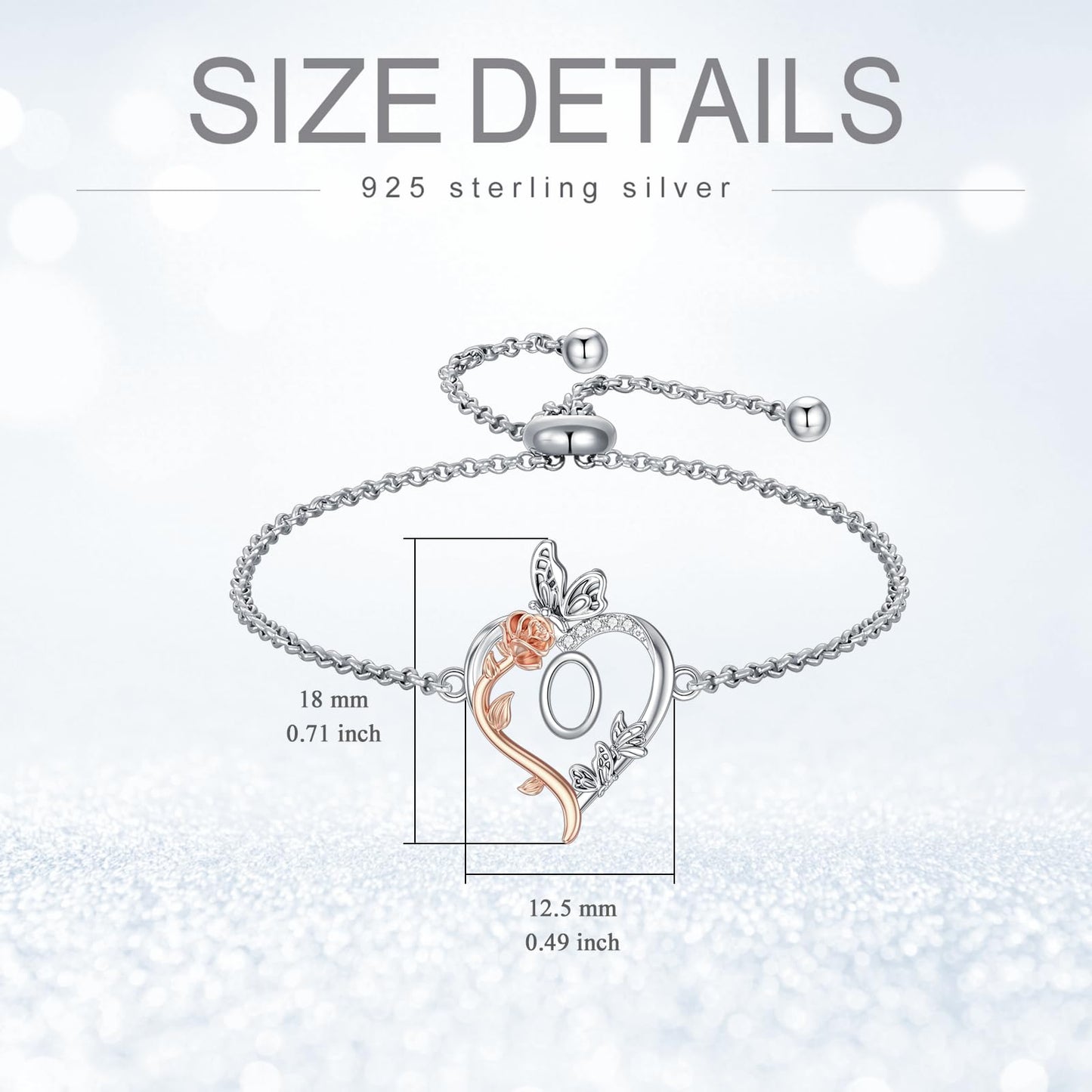 TOUPOP Rose Heart Bracelet for Women Sterling Silver Heart Initial O Letter Bracelet Butterfly Love Jewelry Anniversary Birthday Mothers Day Gifts for Mom Wife Her Girlfriend