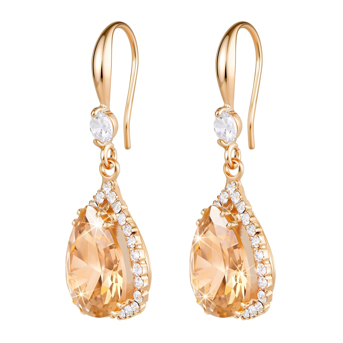 Linawe Rose Gold Color Dangly Earrings, Champagne Cubic Zirconia Drop earrings for Women Trendy, Birthstone Pear Shaped Fall Formal Earrings for Evening Wear