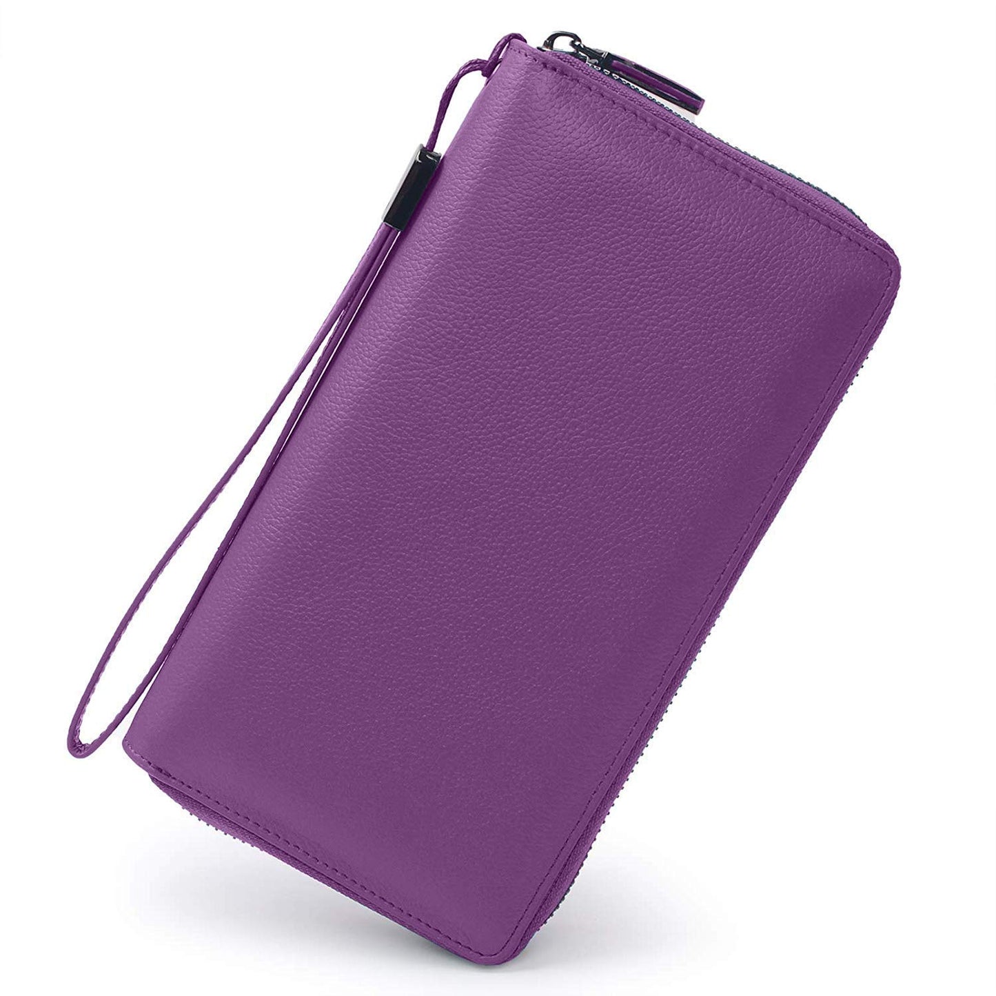 Bveyzi Women RFID Blocking Wallet Leather Zip Around Phone Clutch Large Capacity Ladies Travel Purse Wristlet (Purple)