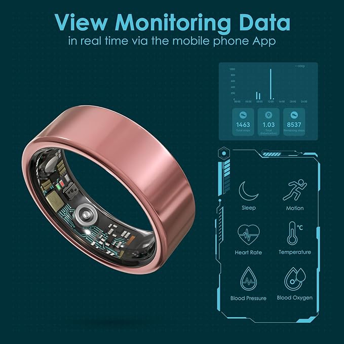 Smart Ring Health Monitoring 5ATM Waterproof Fitness Tracker with Glossy Titanium Surface Blood Oxygen/Sleep/Stress Tracking Women?™s Cycle Prediction Sport Ring Compatible with iOS/Android Gold 6