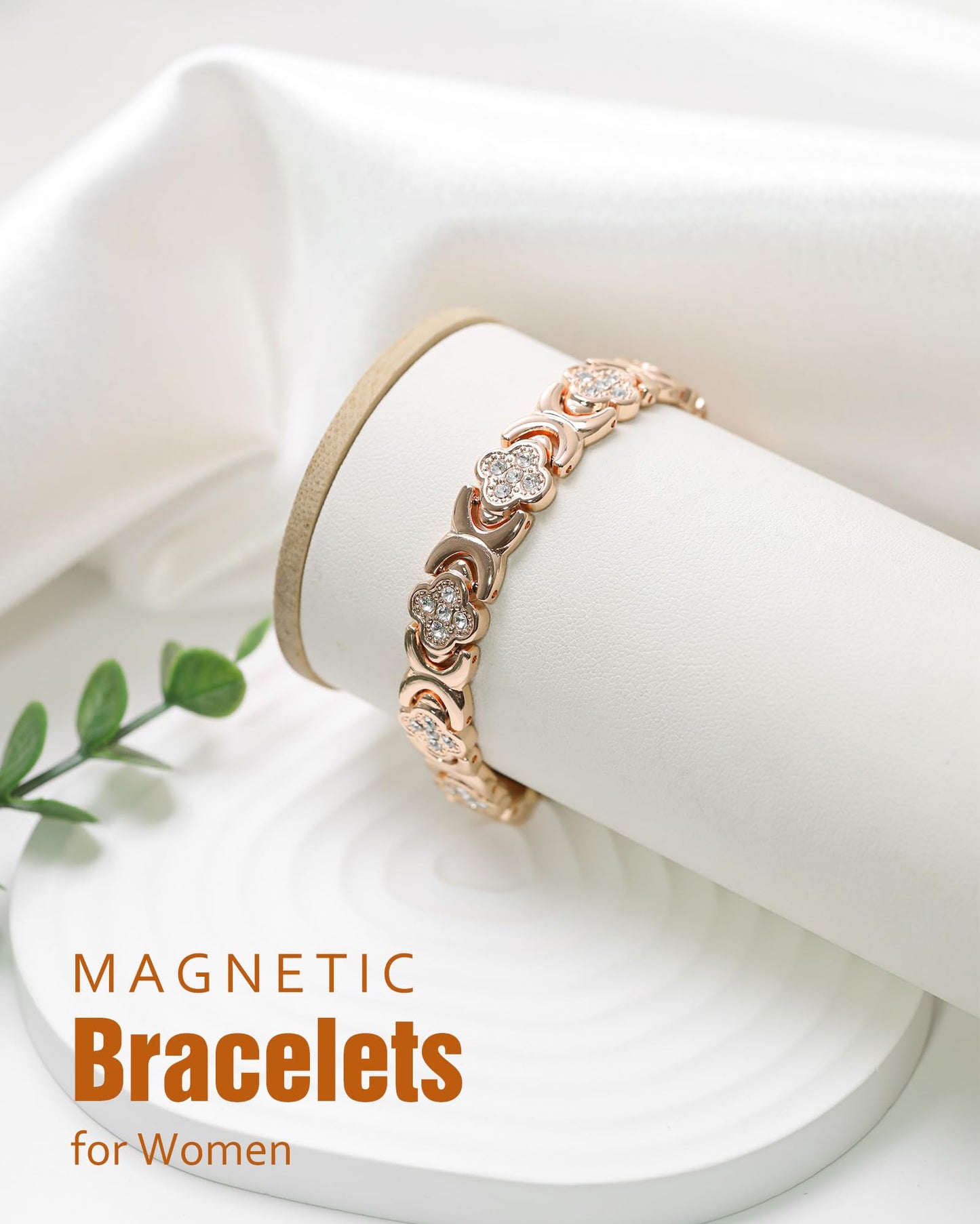 Jecanori Magnetic Bracelets for Women, Stainless Steels Magnetic Therapy Bracelet with Sparkling Cubic Zirconia,Four-leaf clover Jewelry Gift