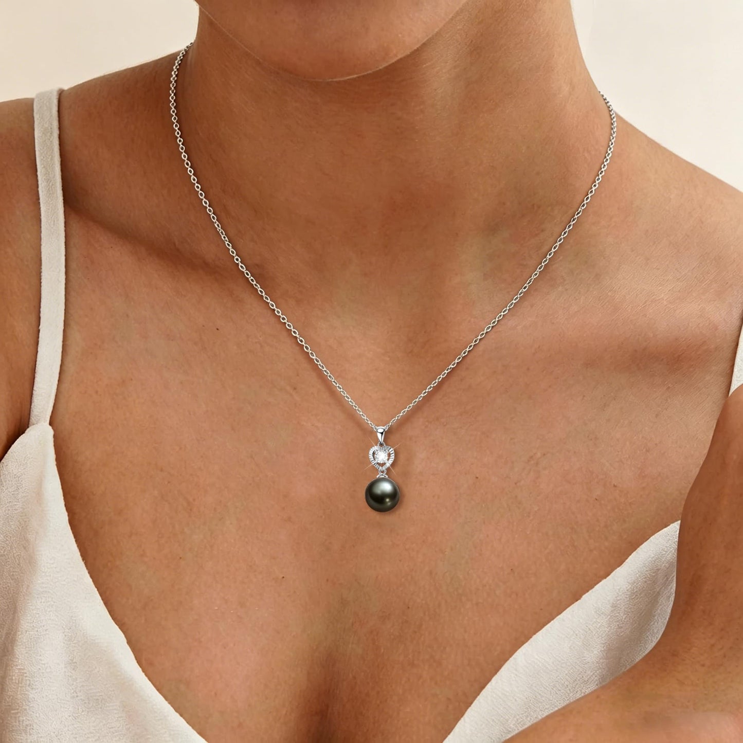 Tahitian Black Pearl Necklaces for Women, 925 Sterling Silver Heart Pearl Pendant Necklace with Moissanite, Birthday Anniversary Jewelry Gifts for Wife Mom