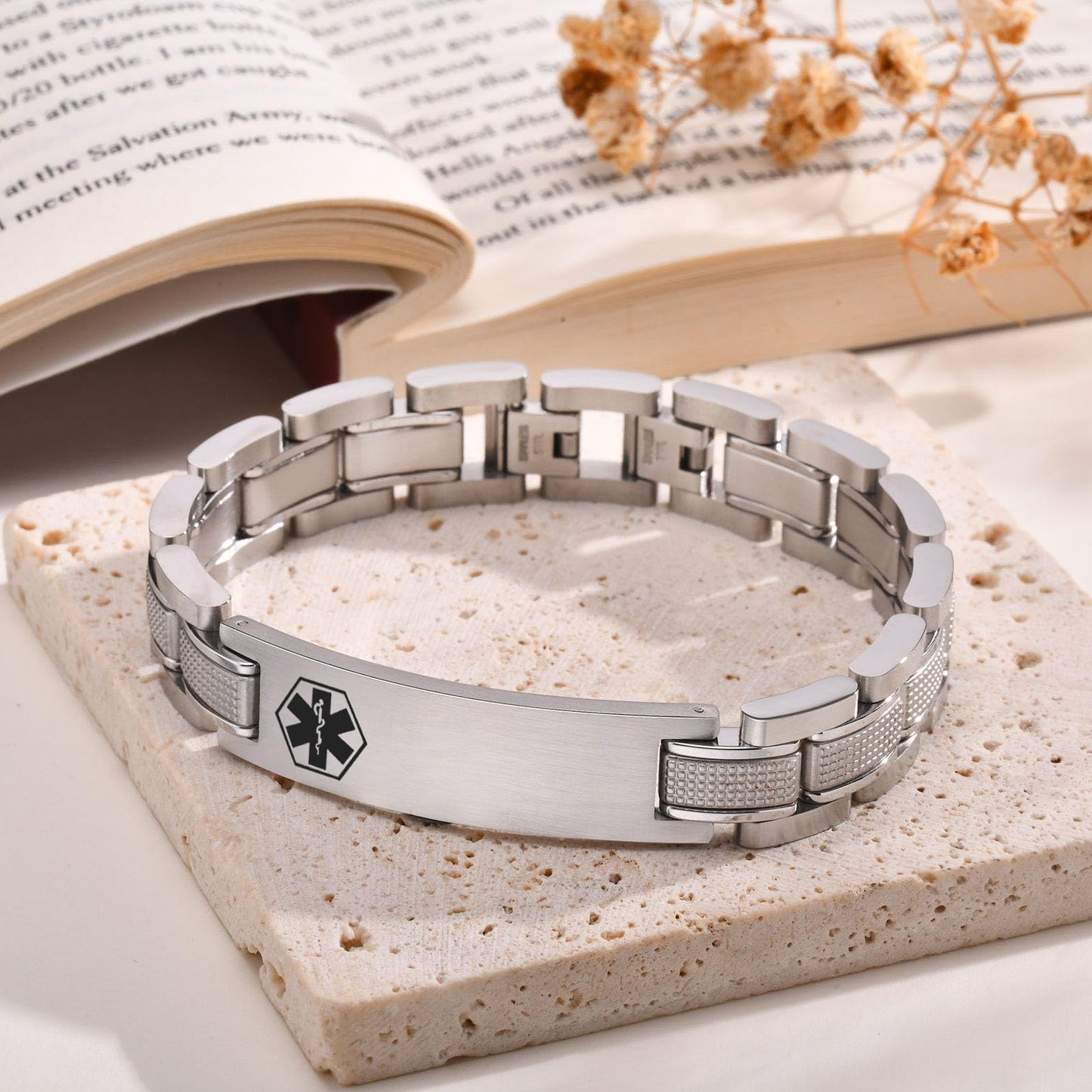 Free Custom Engraving Medical ID Bracelet Heavy Masculine Elaborate Men's Medical Alert Bracelet Wristband Jewelry for Dad Customizable & Waterproof,Silver
