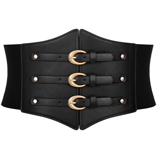 JKEEMI Women Corset Belt Wide Stretchy Waspie Elastic Waist Belt with Gold Buckle for Daily Cosplay Halloween Costume