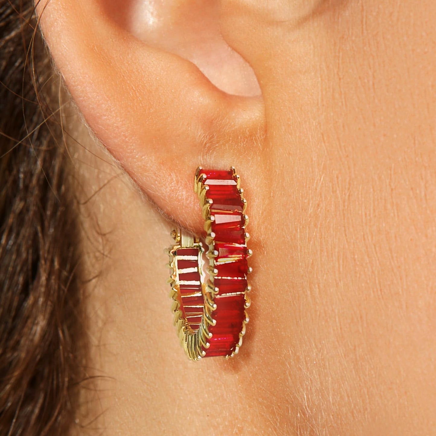 GLOQUAT Ruby Red Crystal Hoop Earrings 14K Gold Plated Red Earrings for Women 925 Sterling Silver Post Vintage Baguette Cubic Zirconia Round Circle Hoops for Women Trendy Rhinestone Jewelry 25mm