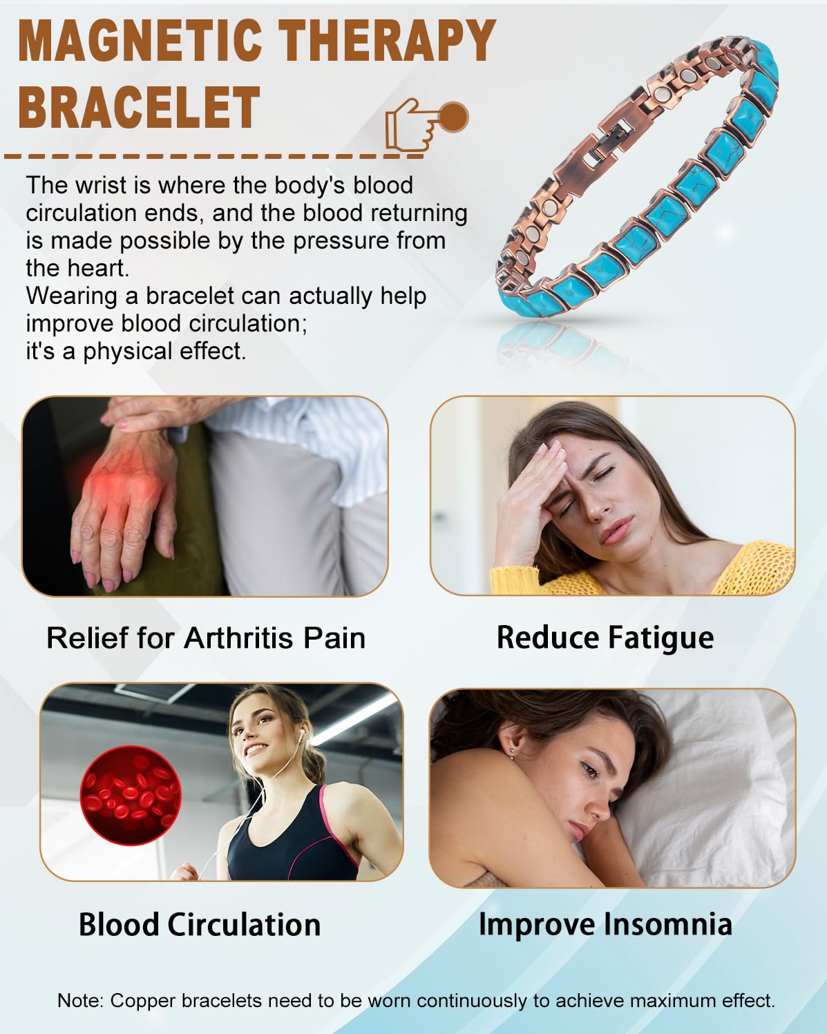 EnerCoppeX Copper Magnetic Bracelet for Women - Turquoize Detox Jewelry with 3500 Gauss Magnet (A)