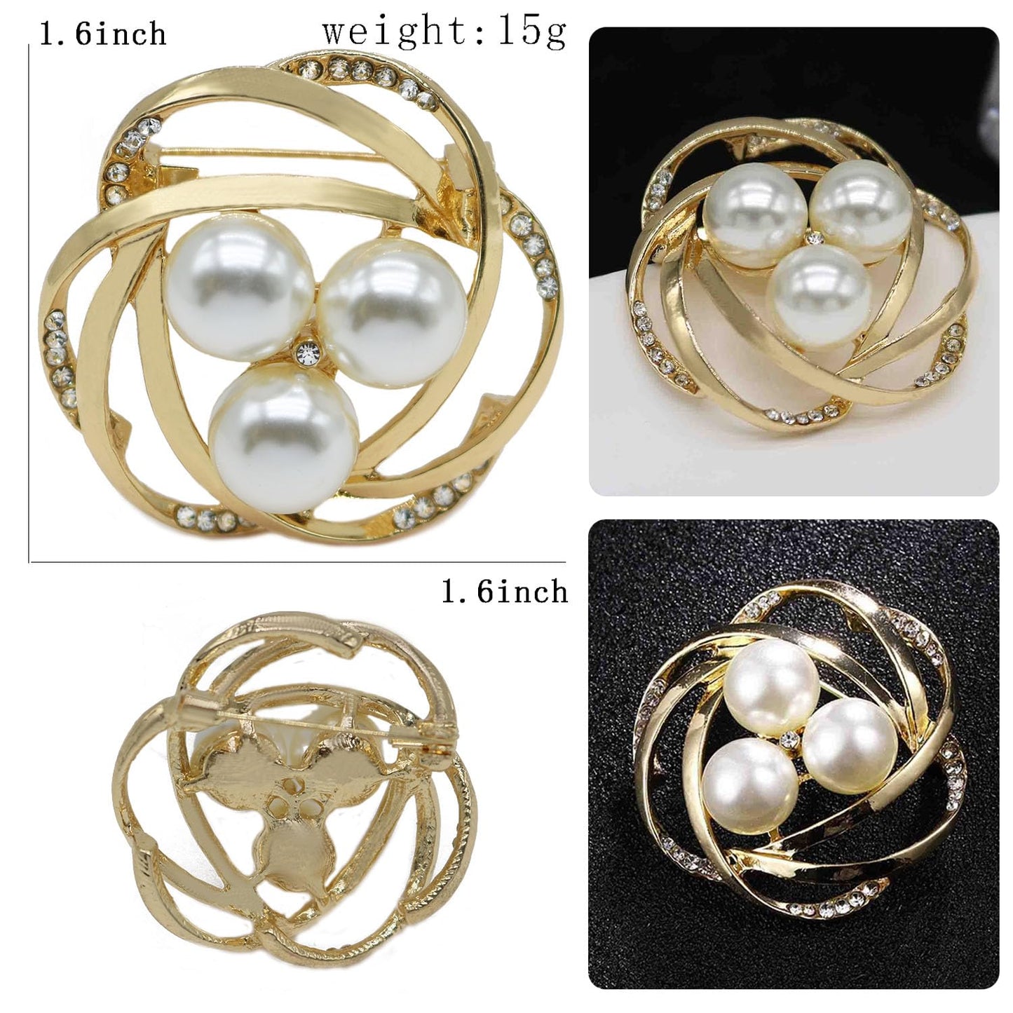 Crystal Pearl Flower Brooches Pins Fashion Beautiful Created Rhinestone Floral Brooch Good Idea for Party Dance Wedding Banquet for Elegant Women Girl (Gold 1)