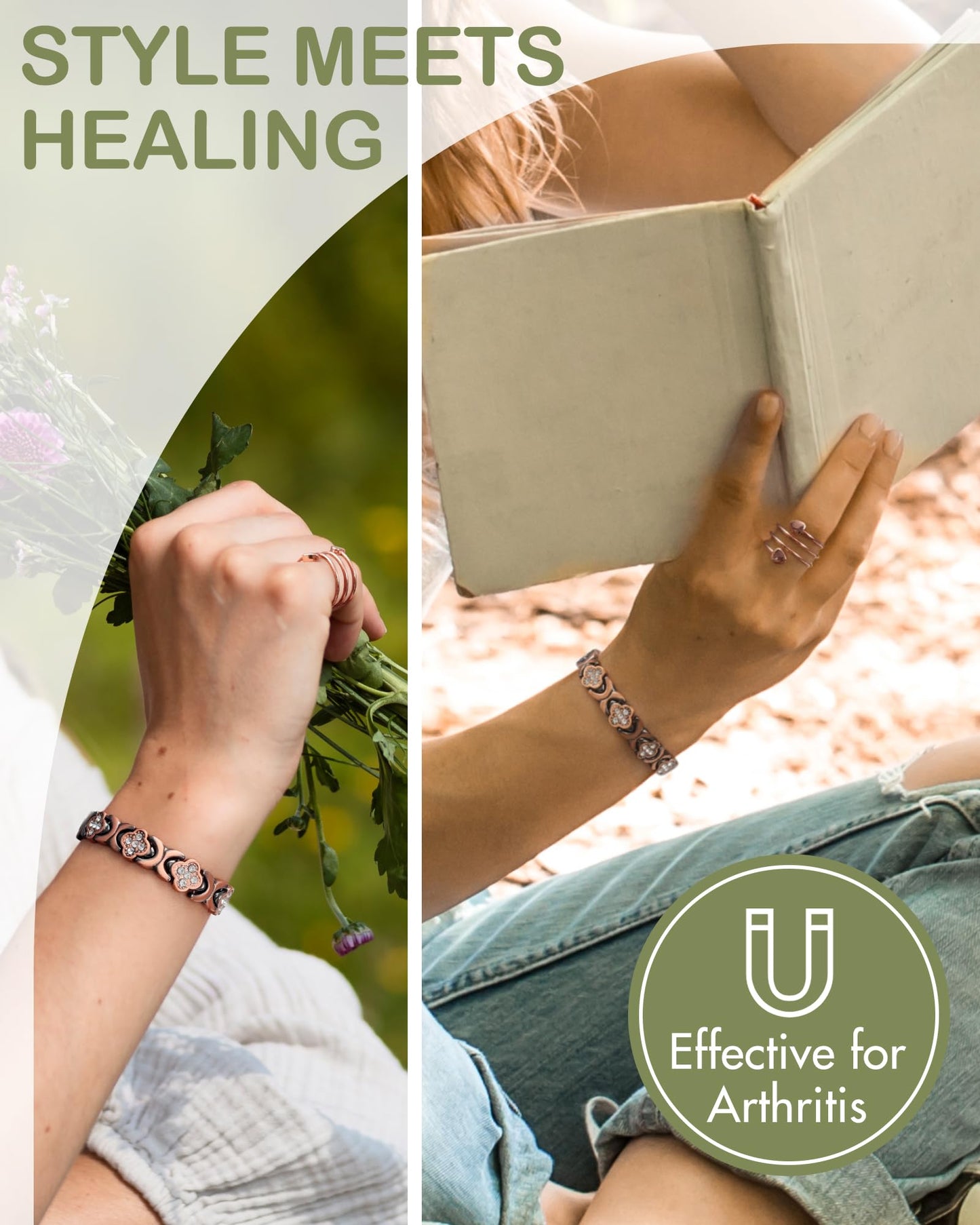 Feraco Pure Copper Bracelets & Rings for Women, Ultra Strength Magnetic Bracelet for Women with Neodymium Magnets & Sparkling Cubic Zirconia, Adjustable, Wellness Jewelry