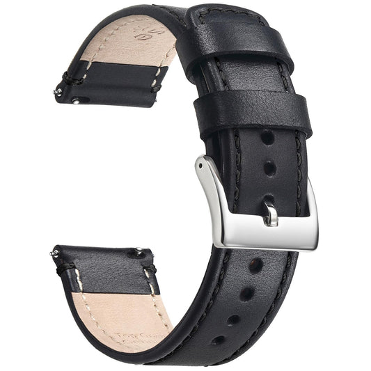 Artthurse Top Grain Leather Watch Band, Quick Release Genuine Leather, 18mm 20mm 22mm Watch Strap for Men and Women (Black/Silver, 20mm)
