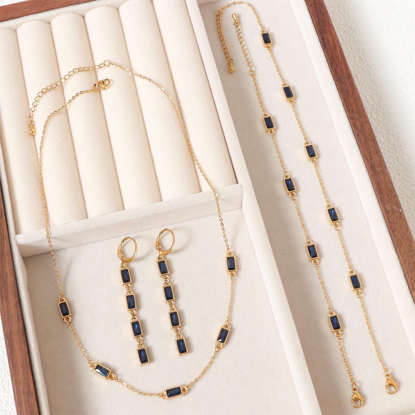 TaYolnFaSo Sapphire Blue Cubic Zirconia Jewelry Set for Women Emerald-cut Blue Necklace Earring Bracelet Anklet September Birthstone Sapphire CZ Jewelry Gift for Wife Girlfriend Mother