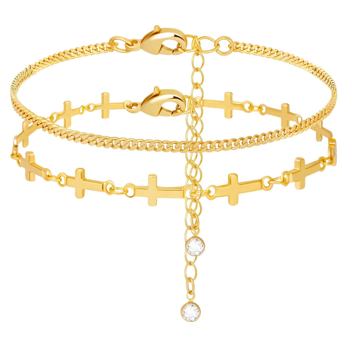 Poxtex Gold Cross Bracelets for Women, Gold Jewelry Set Dainty Waterpoof Cuban Link Layered Bracelet for Women Trendy Jewelry Gifts