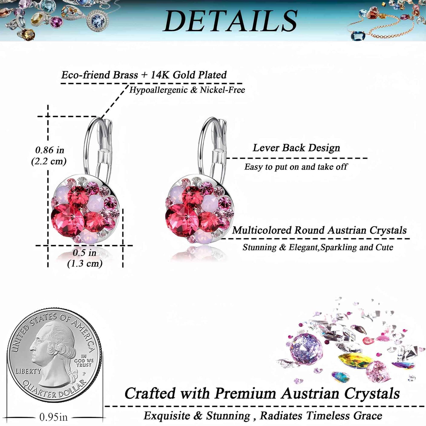 Multicolored Austrian Crystal Earrings for Women 14K Gold Plated Leverback Dangle Hoop Earrings (Pink Red Crystals/Silver-tone)