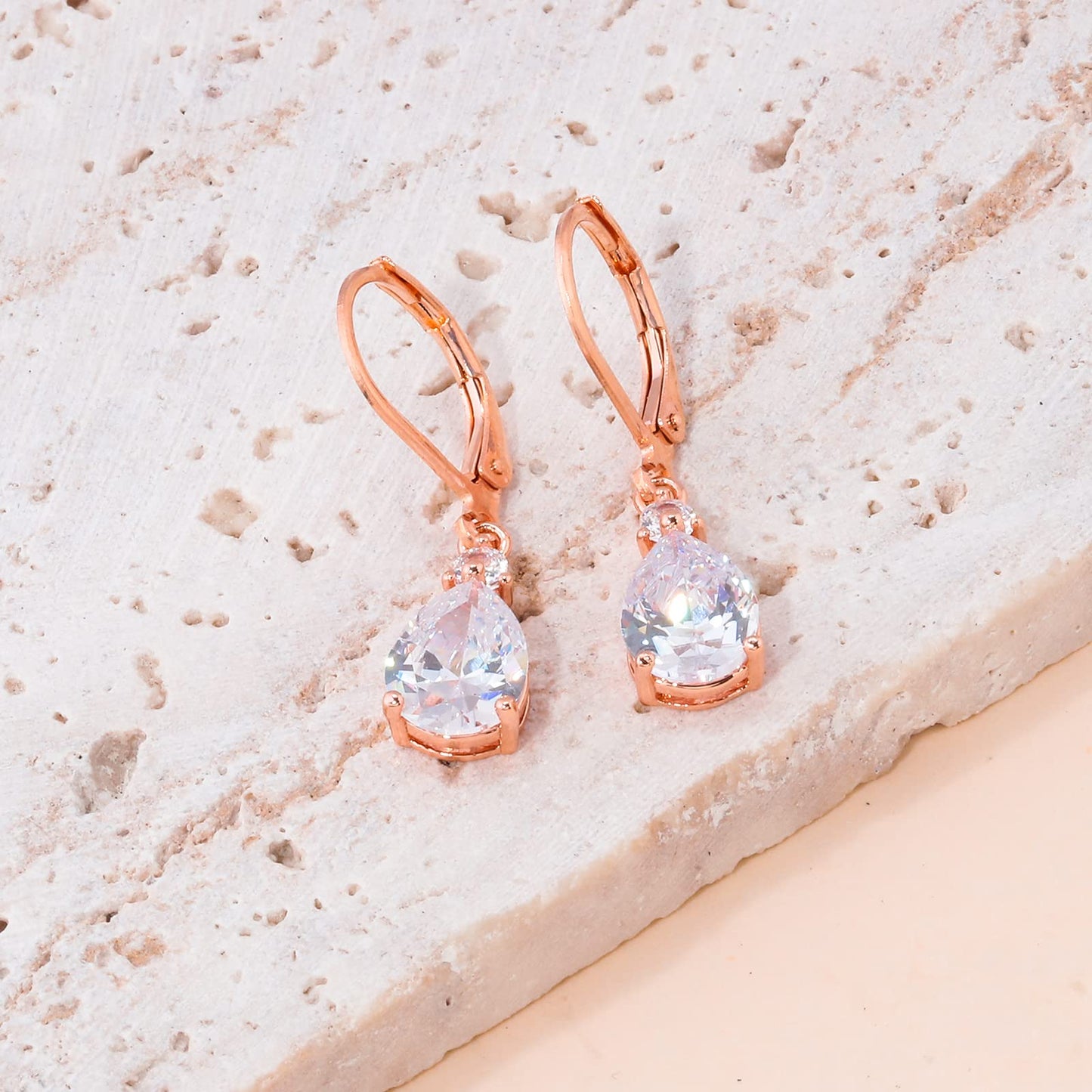CiNily Leverback Dangle Earrings for Women 14K Rose Gold Plated Drop Earrings White Cubic Zircon Fashion Teardrop Hoop Earrings Hypoallergenic Jewelry for Her