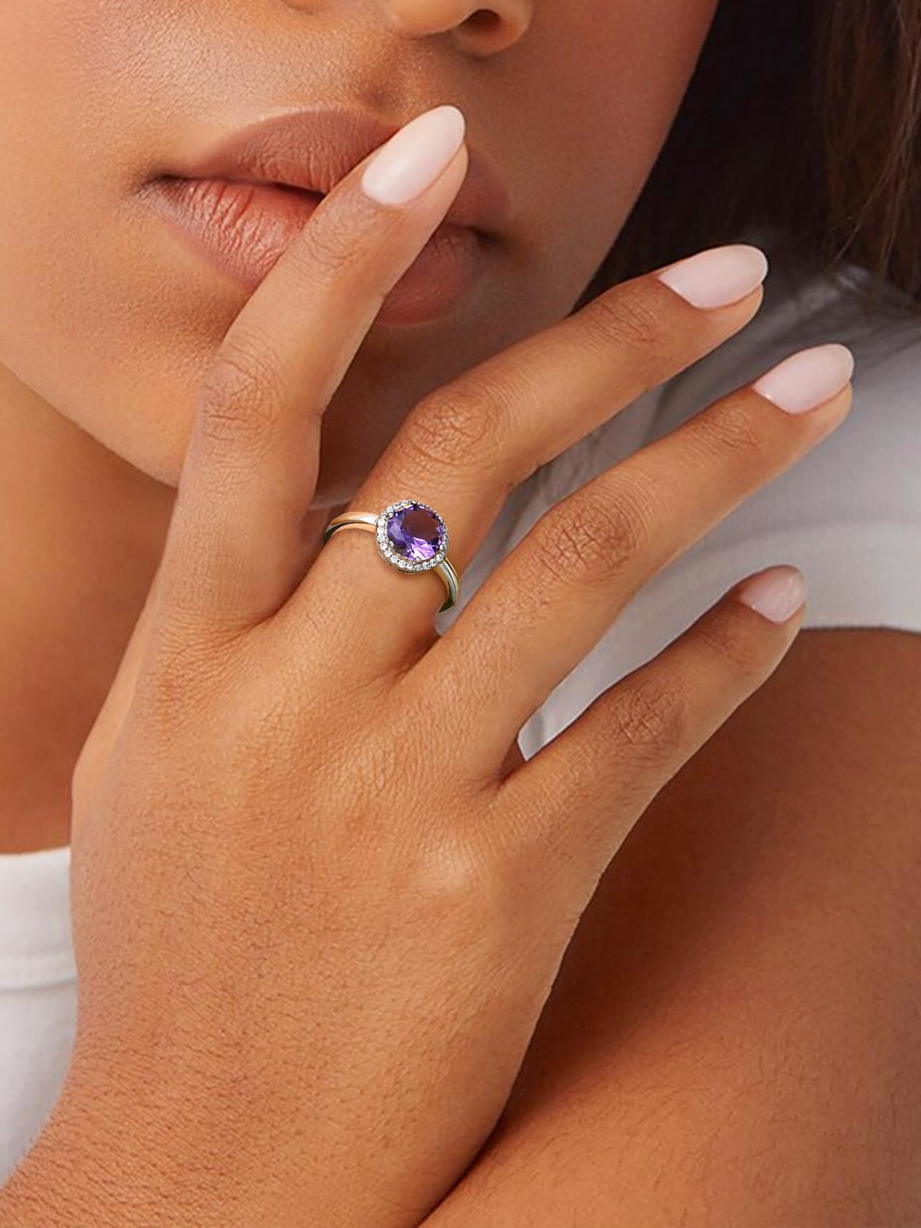 Bestyle 925 Sterling Silver Round Crytsal Cubic Zirconia Rings | Classic Silver February Amethyst Crystal Birthstone Rings for Women, Great Birthday Gift for Daughter/Wife/Mom/Grandma