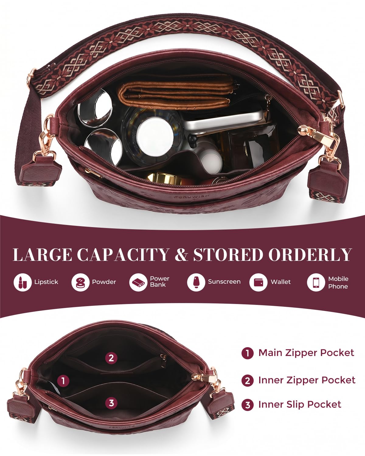 Crossbody Bags For Women, Vegan Leather Crossbody Purses with Boho Strap, Daily Travel Red Shoulder Handbag