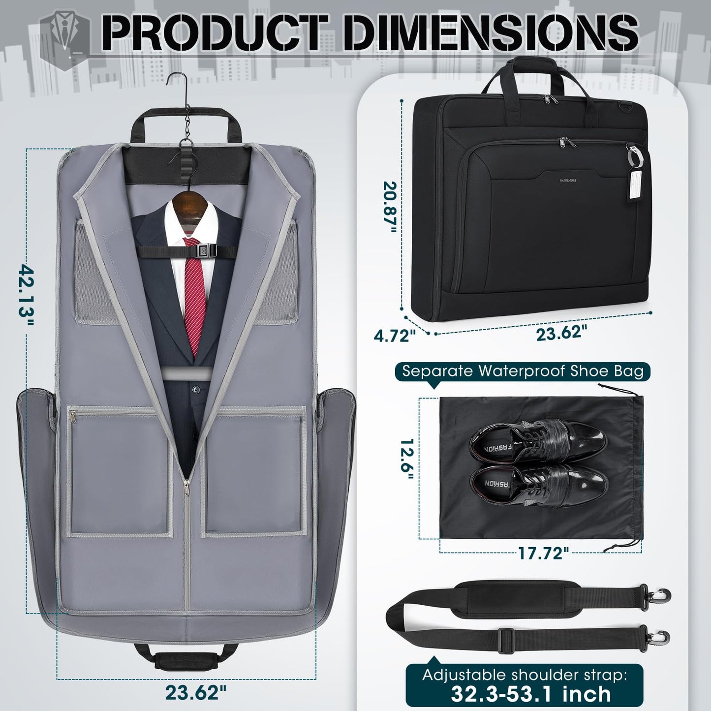 RAINSMORE Garment Bags for Travel Carry On Garment Bag for Hanging Clothes, Suit Bag for Business Trips with Shoes bag & Shoulder Strap, Waterproof Foldable Suit Luggage Bag for Men Women, Black