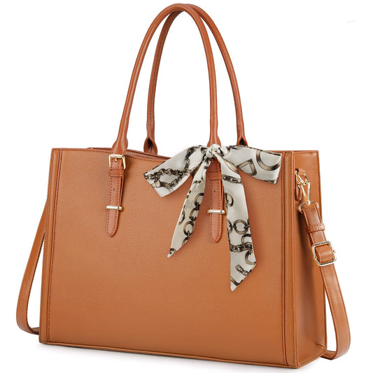 Laptop Bag for Women 15.6 inch Waterproof Laptop Tote Work Bag Leather Computer Tote Briefcase Bag Office Professional Large Capacity Handbag School Shoulder Bag Brown