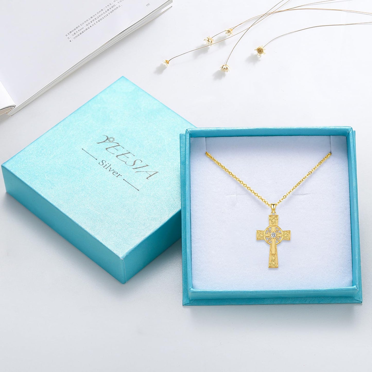 YEESIA Cross Necklace for Women 925 Sterling Silver Gold Plated Sun Crucifix Pendant Necklace Celtic Cross Jewelry Mothers Day Gifts for Women Wife Sister
