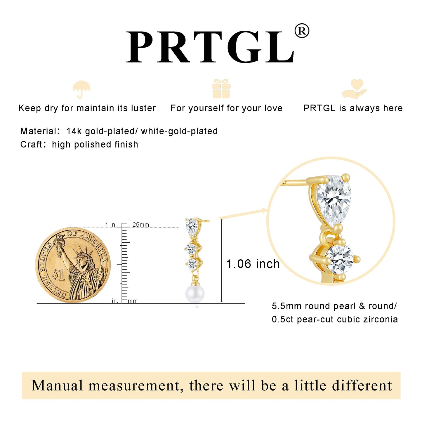 PRTGL Pearl Earrings - 14 Gold Plated Round and Teardrop Cut Cubic Zirconia Pearl Drop Dangle Earrings for Women Wedding Bridal