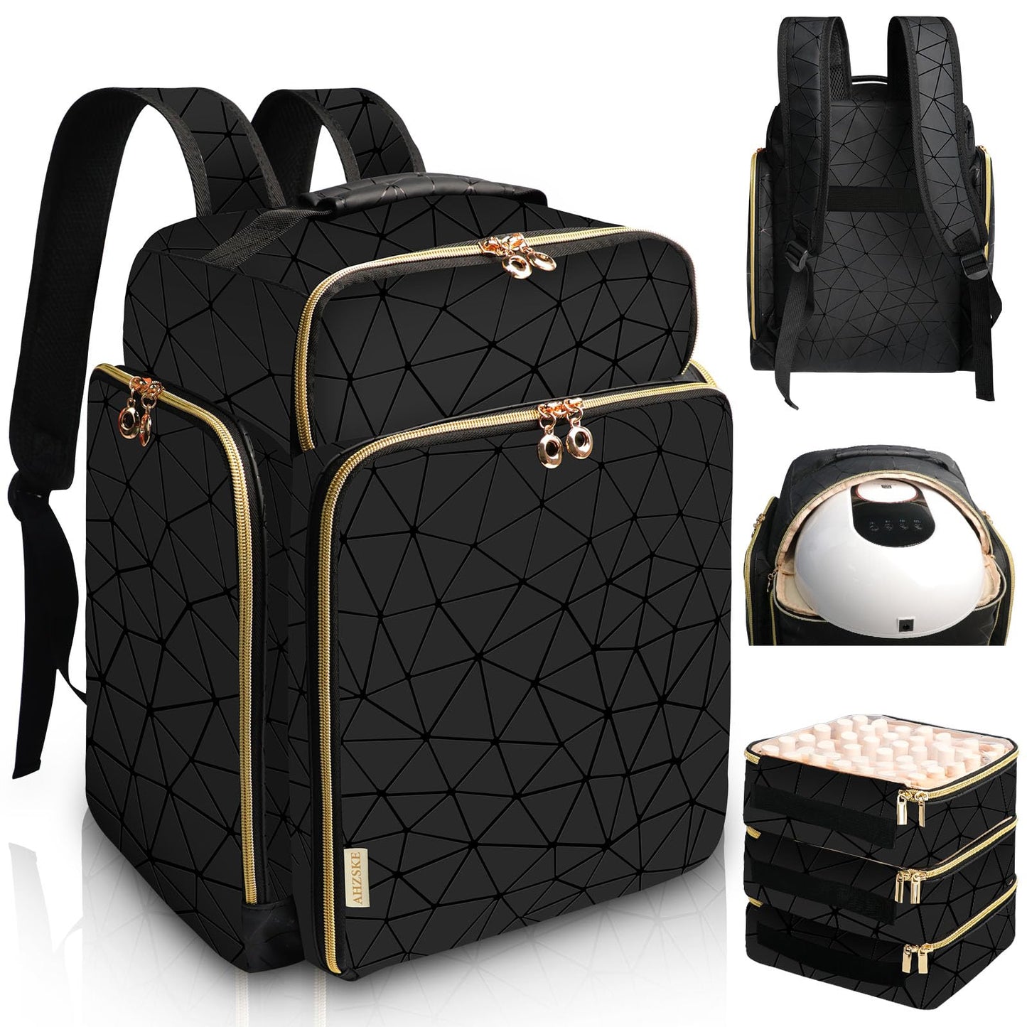 ahzske Nail Polish Organizer Backpack Holds 126 Bottles& Nail Lamp, Extra Large Nail Kit Supplies Organizer Bag with 3 Removable Cases, Portable Nail Organizers and Storage for Trave (Elegant Black)