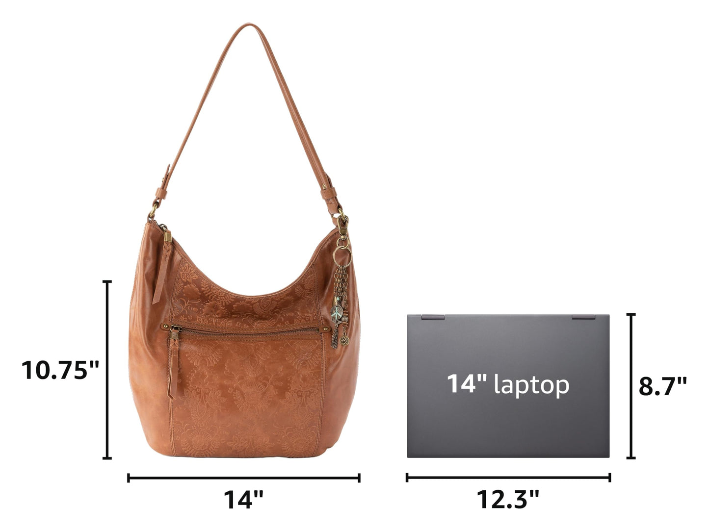 The Sak Sequoia Hobo Bag in Leather, Single Shoulder Strap, Tobacco Floral Emboss