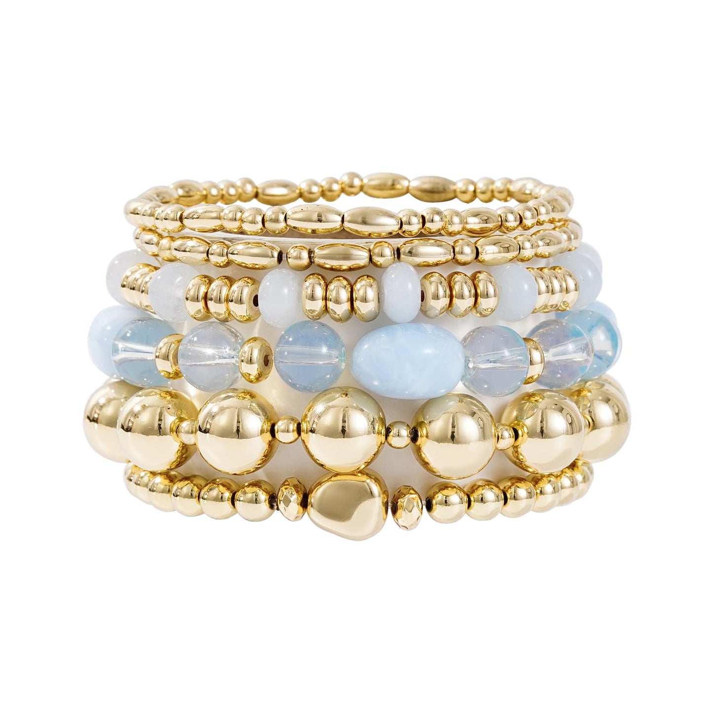 Sajidos Gold Beaded Bracelets for Women Trendy, 14K Gold Plated Stack Cross Pearl Gold Bead Stretch Bracelets Set Elastic Hypoallergenic Bracelets Jewelry Gifts (style10)