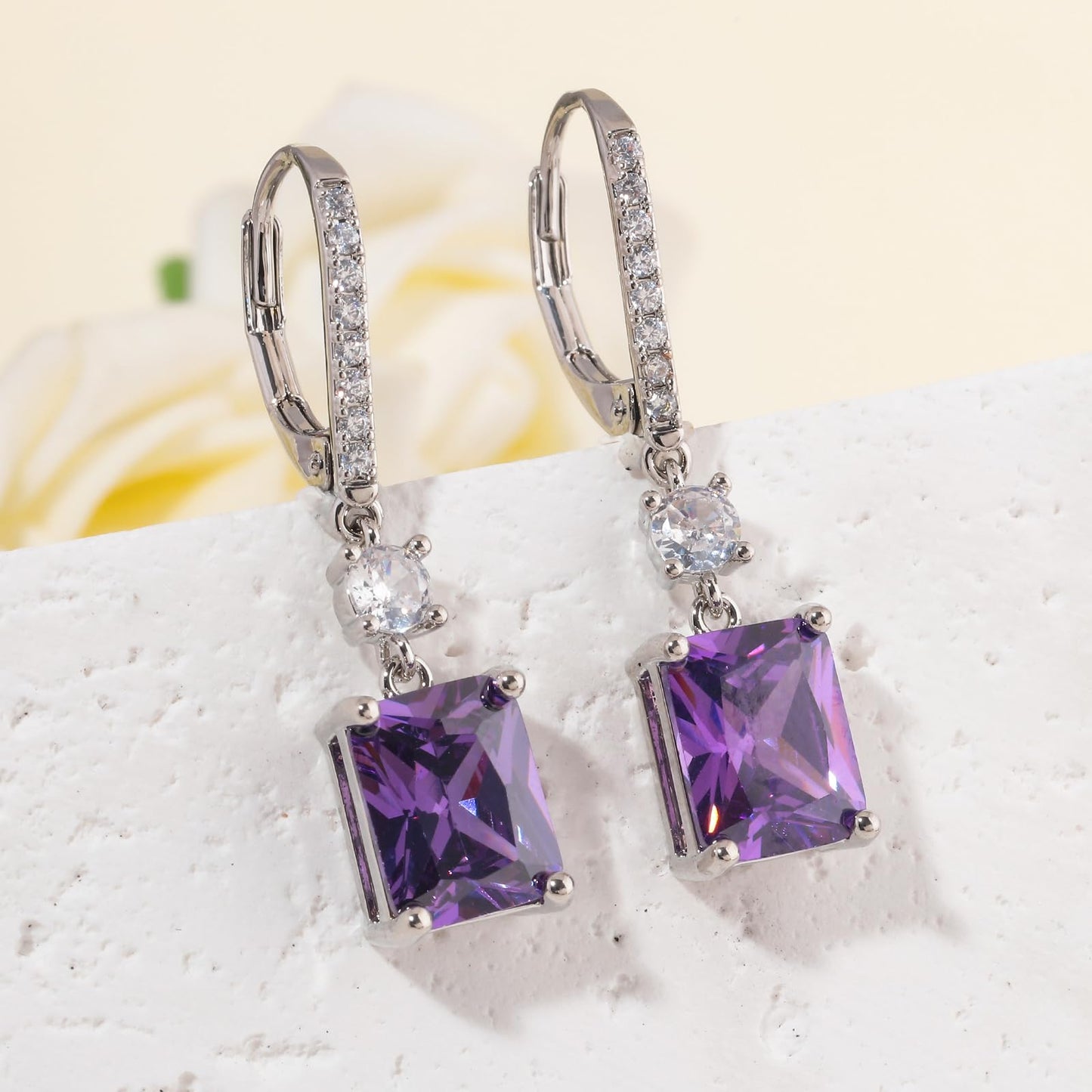 CiNily Rectangular-cut Drop Dangle Earrings Hypoallergenic, 14K White Gold Plated Purple Cubic Zircon Earrings Diamond Dangle Earrings Jewelry Wedding
