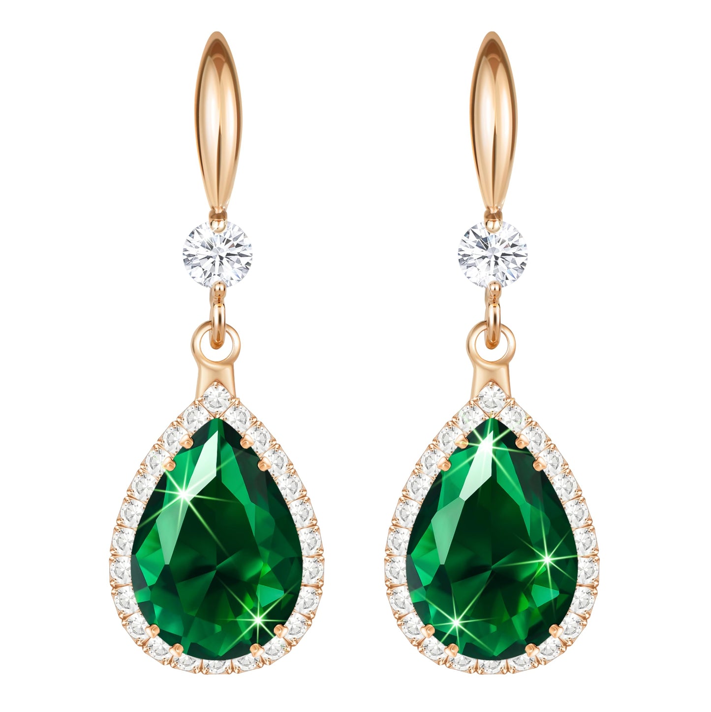 Linawe Emerald Lime Green Earrings for Women, Imitation Diamond Rhinestone Cubic Zirconia Crystal Dangle Earrings Rose Gold, Teardrop Birthstone Drop Earrings, Wedding Jewelry Set