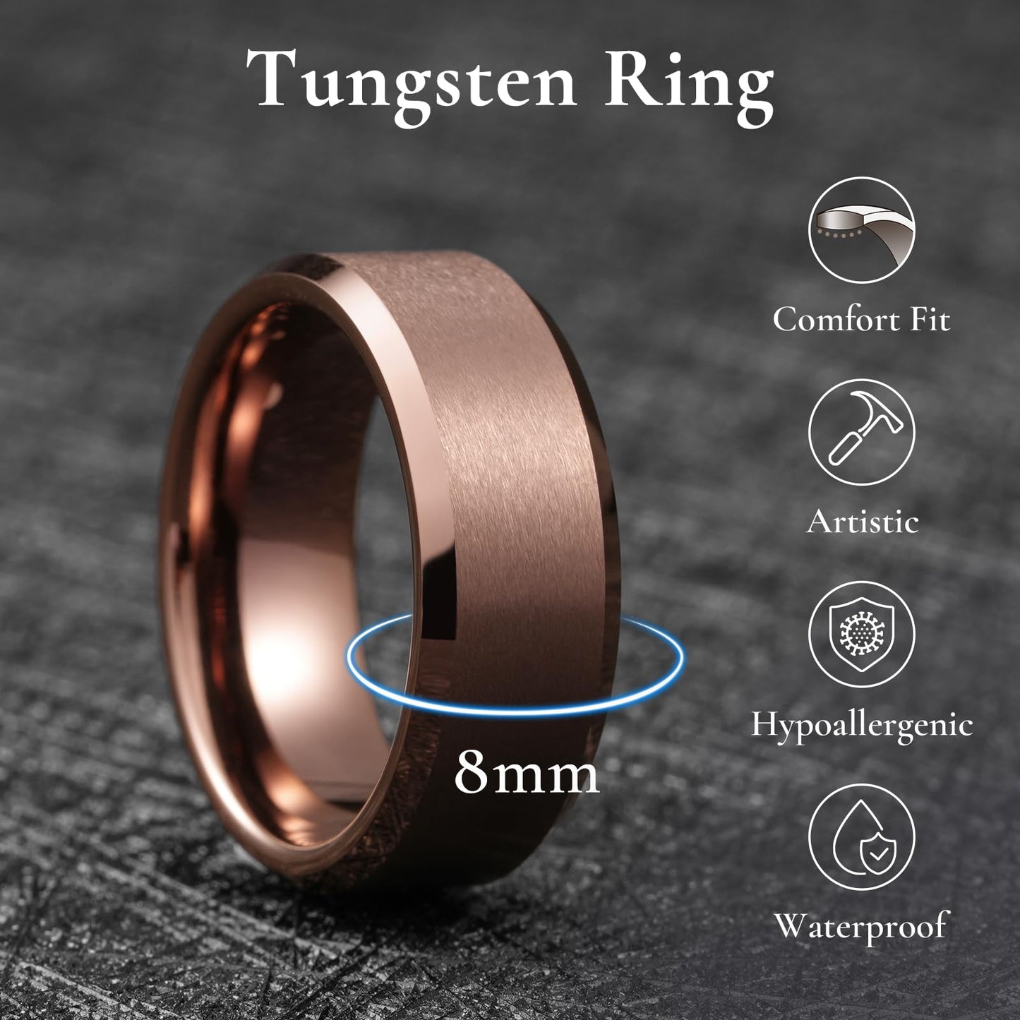 King Will Brown Basic Tungsten Rings For Men 8mm Wedding Band Polished Edge Brushed Matte Promise Ring Comfort Fit, Size 8