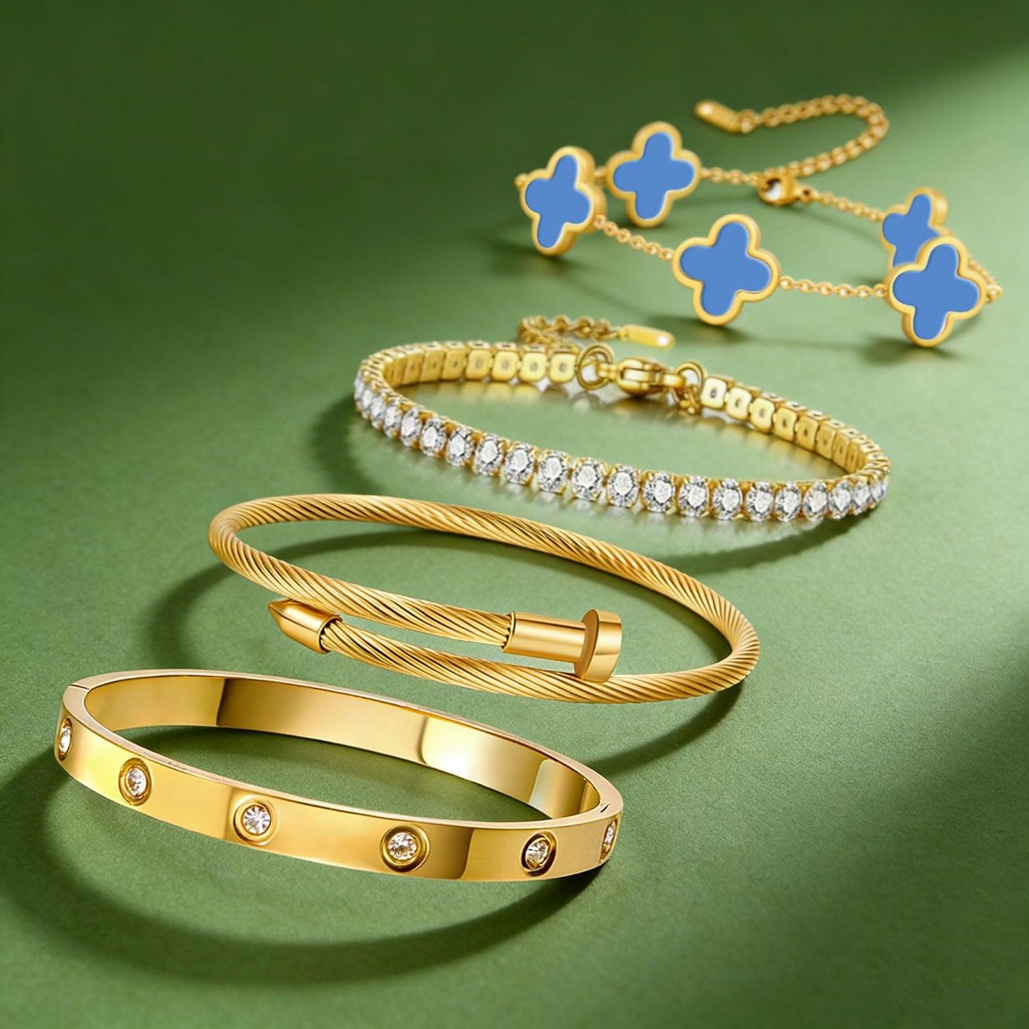 Gold Bracelets for Women, 18K Gold Plated Women Tennis Bracelets Clover Nail Love Bangle Bracelet Set, Gold Bracelet Stackable Set Trendy Jewelry, Gifts for Women's Day and Mother's Day (13-Color- 4 Blue)