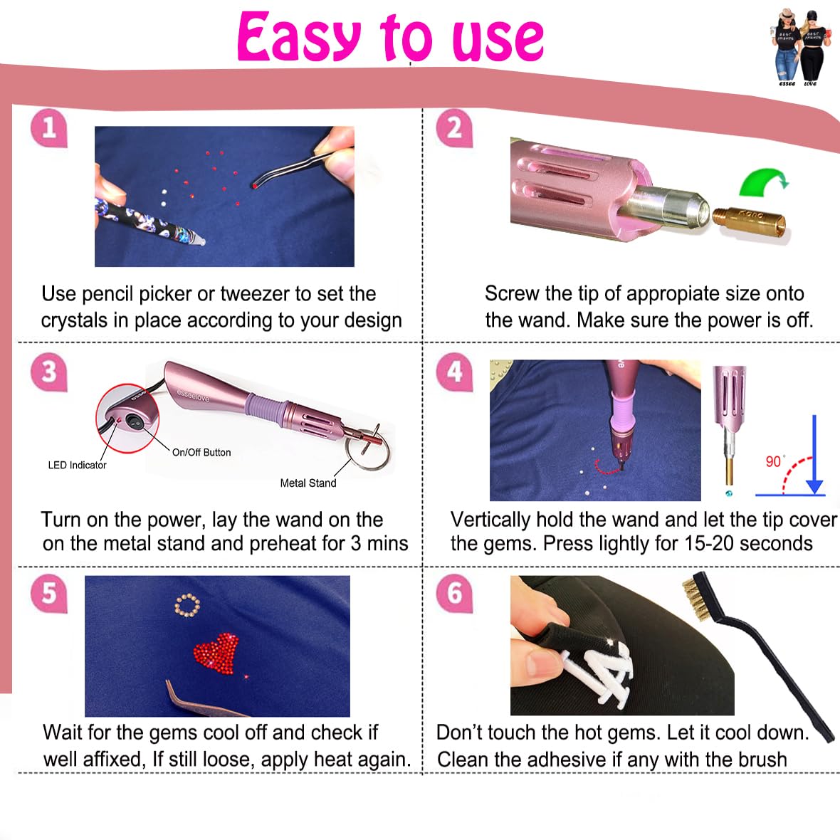 esseelove Hotfix Rhinestones Applicator, DIY Hot Fix Rhinestone Setter, Hot Fixed Wand Kit, Bedazzler Kit with Rhinestones, 7 Tips, Pencils and Tweezers
