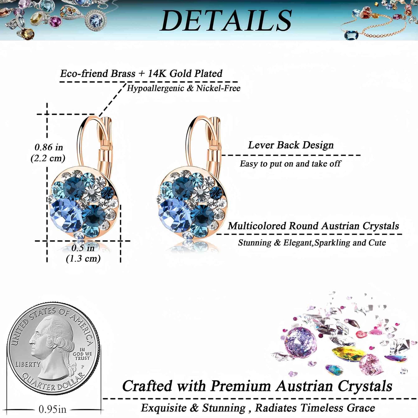 Multicolored Austrian Crystal Drop Earrings for Women 14K Gold Plated Hypoallergenic Leverback Dangle Earrings